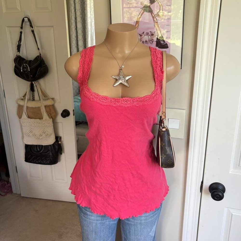 Y2K 2000s Hot Pink cotton Lace Tank